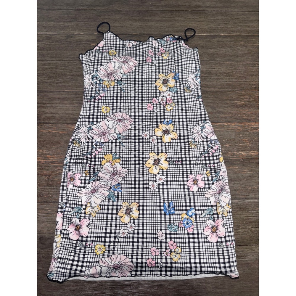 SHEIN Floral Plaid Bodycon Mini Dress Black White Pink Yellow Size 6 Medium
